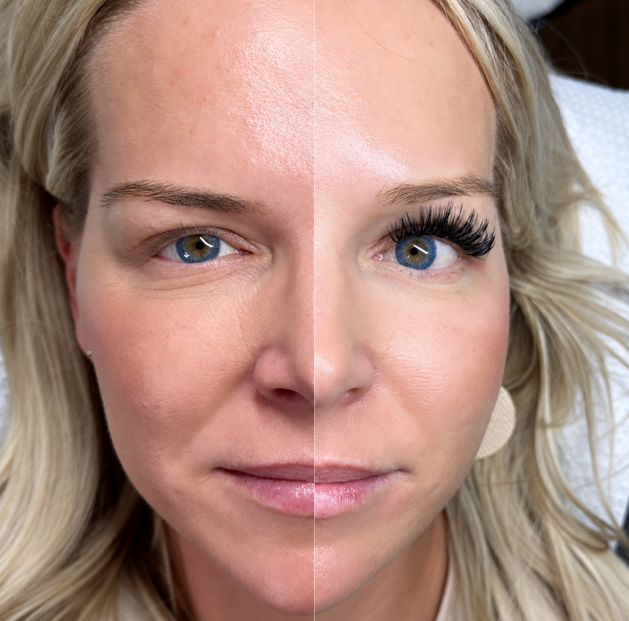 Side-by-side close-up of a client before lash extensions on the left and after lash extensions on the right