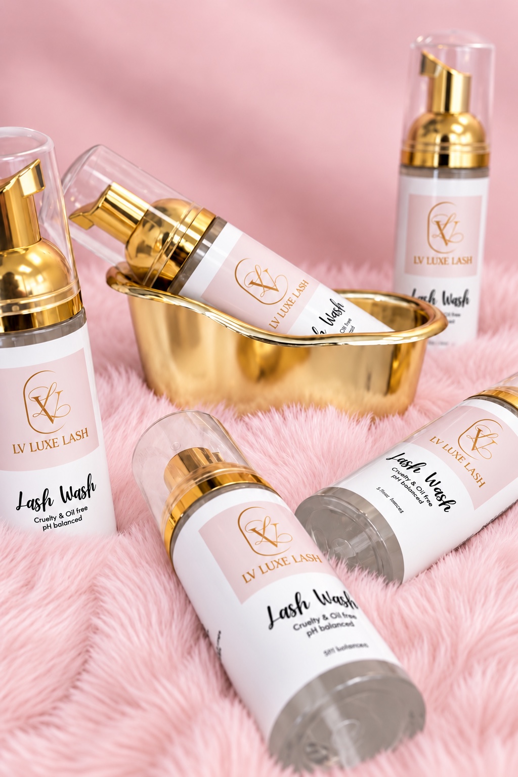 LV Luxe Lash wash bottles with gold pumps