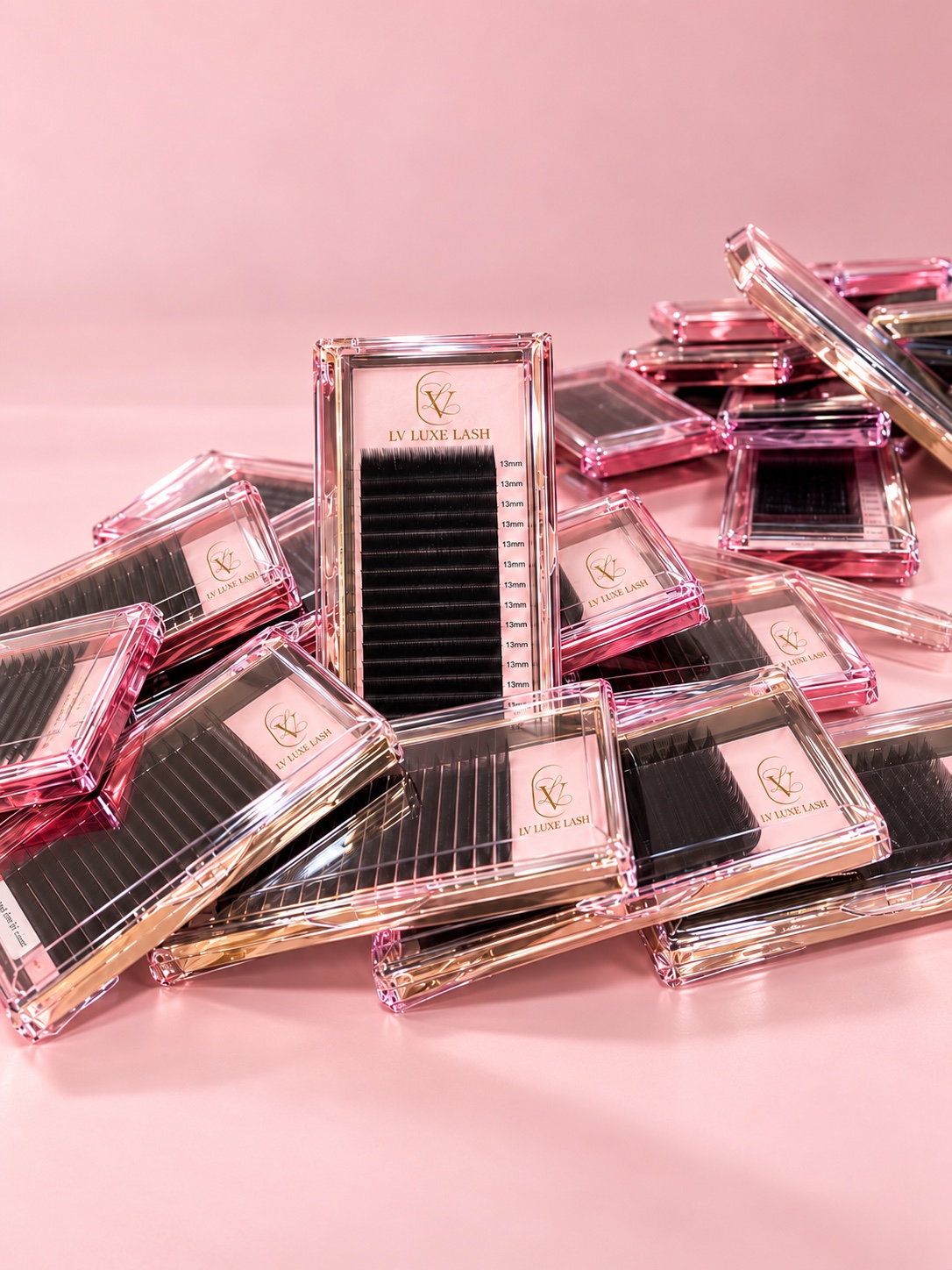 LV Luxe Lash trays in blush and gold packaging